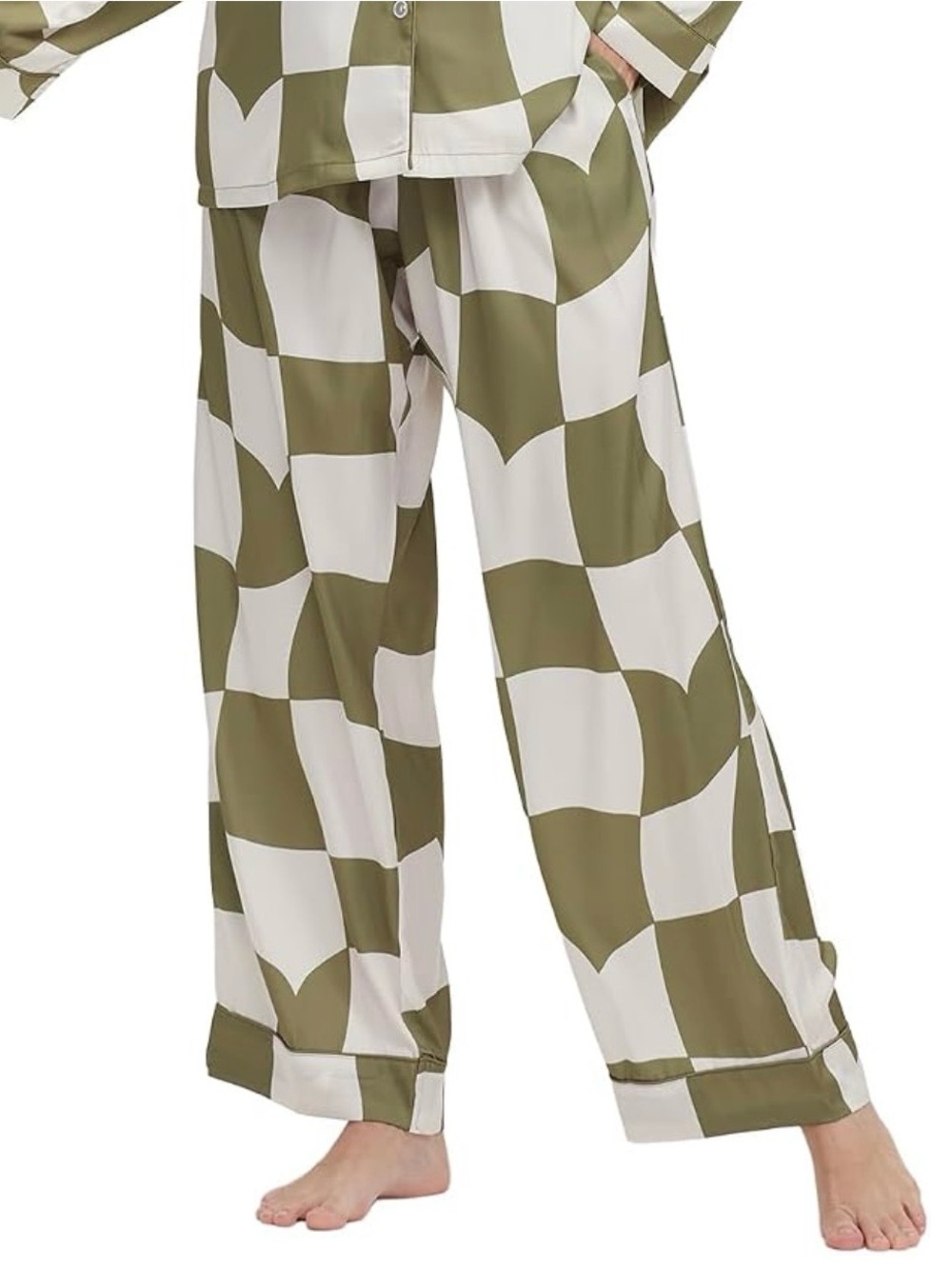 Satin Green White Checkered Wide Leg Pajama Pants Large NWOT
